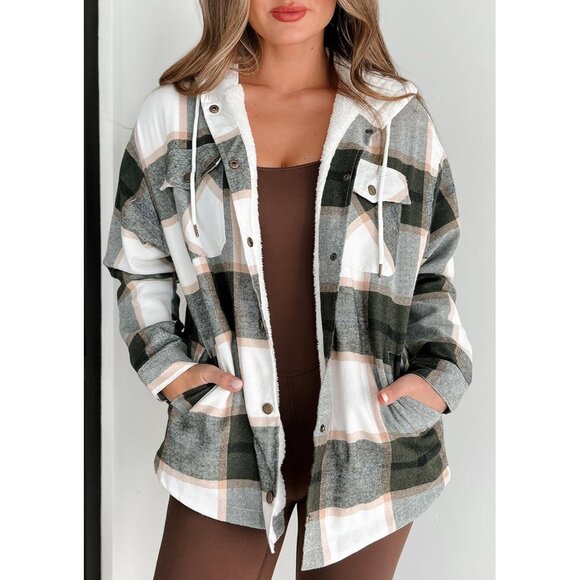 2025 Women’s Stylish Hooded Plaid Shacket Jacket with Sherpa Fleece Lining - Picture 6 of 7